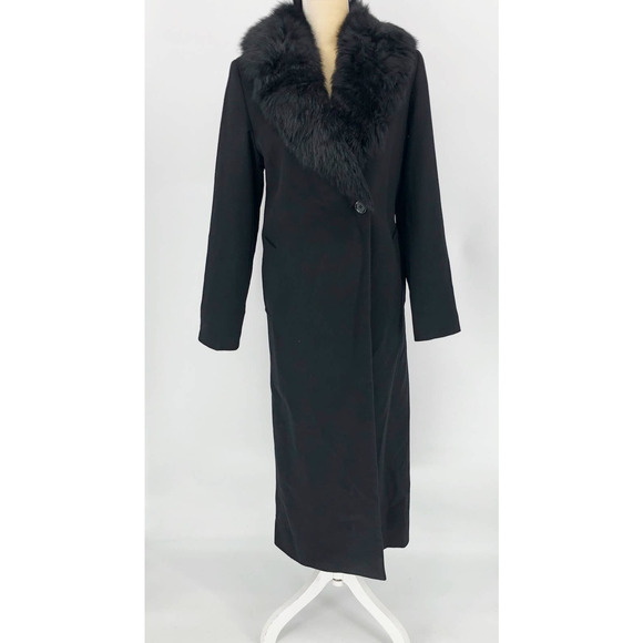 Sofia Cashmere Women Long Full Length Coat 6 Black Fur Collar Wool Cashmere NWOT - Picture 2 of 13